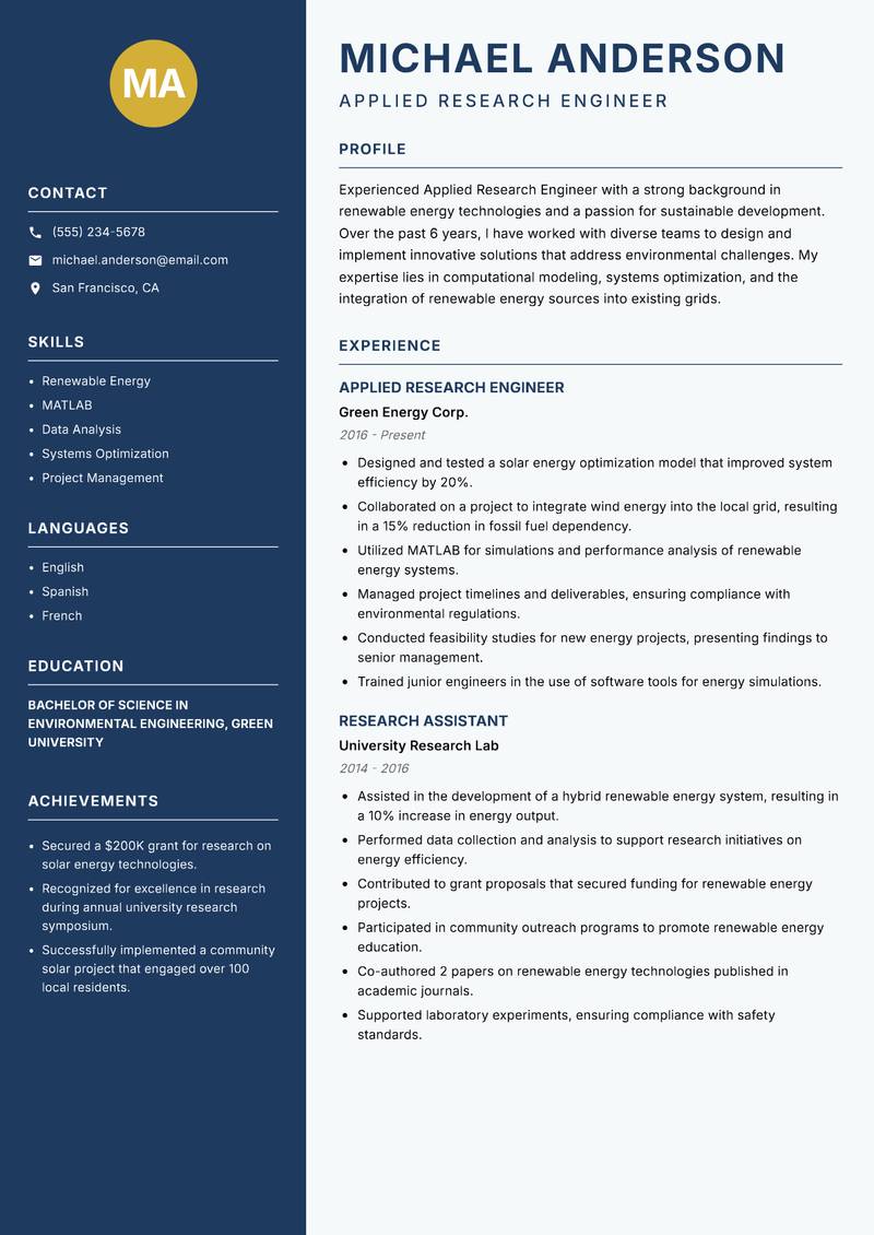 Applied Research Engineer resume template — Classic Clean