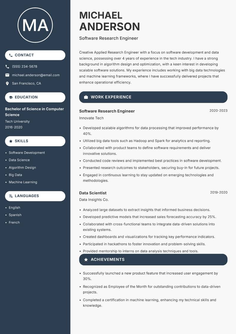 Applied Research Engineer resume template — Compact