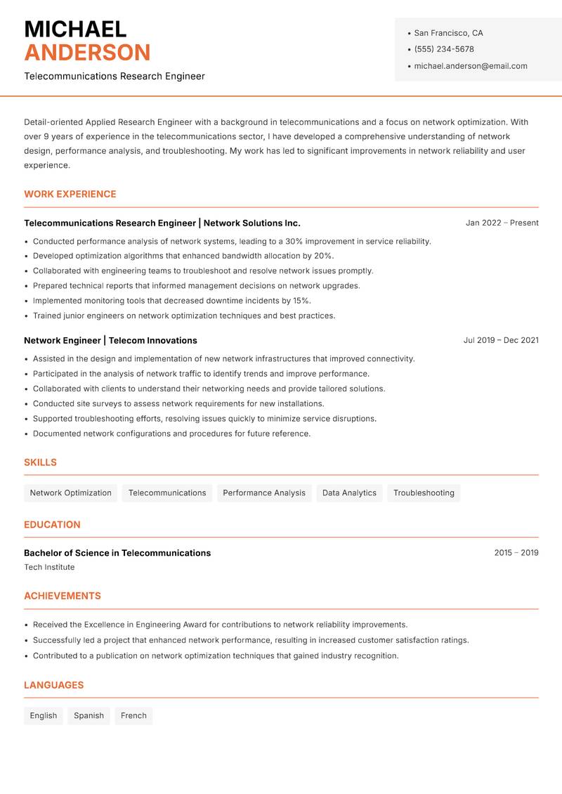 Applied Research Engineer resume template — Modern Professional