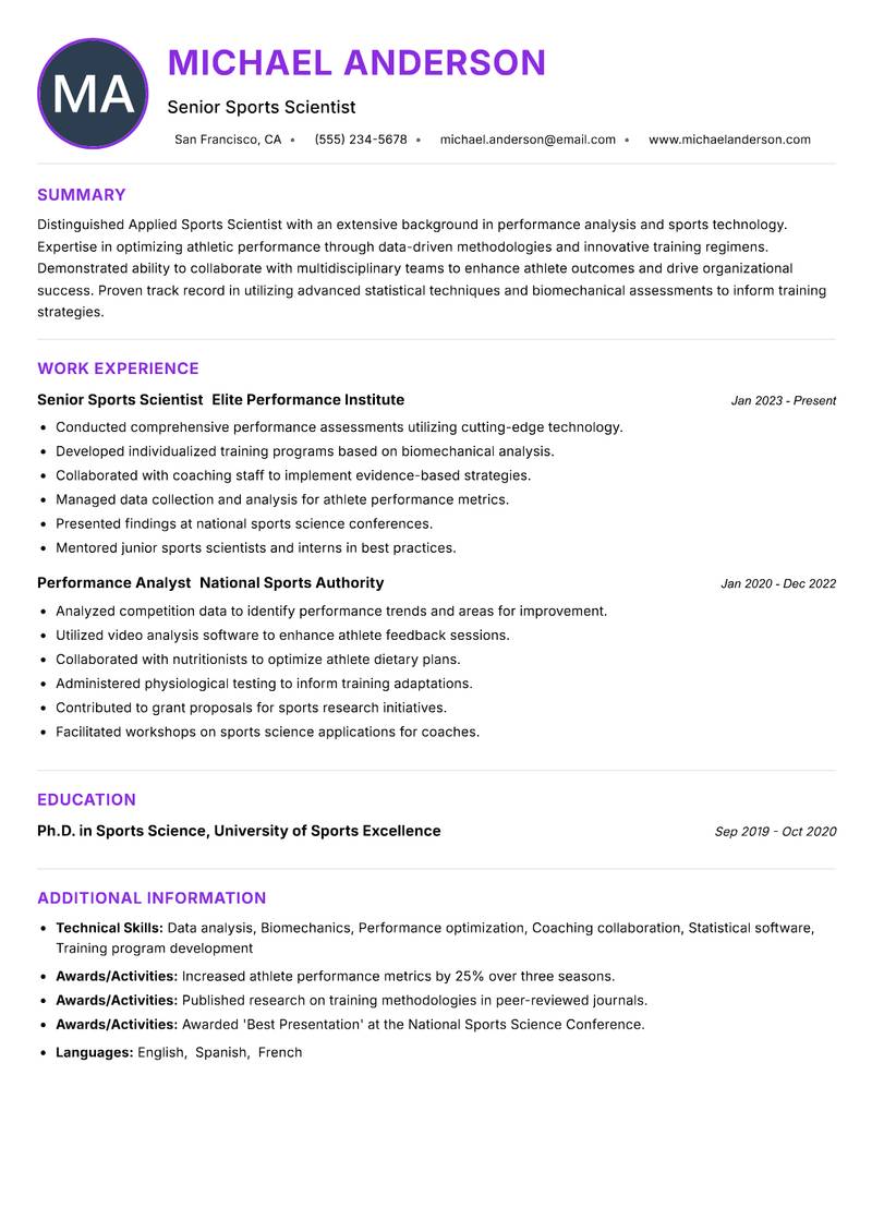 Applied Sports Scientist resume example — ATS-friendly template
