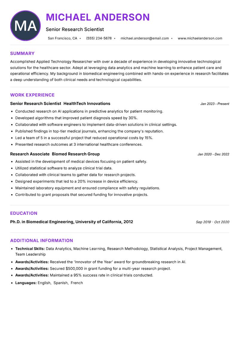 Applied Technology Researcher resume example — ATS-friendly template