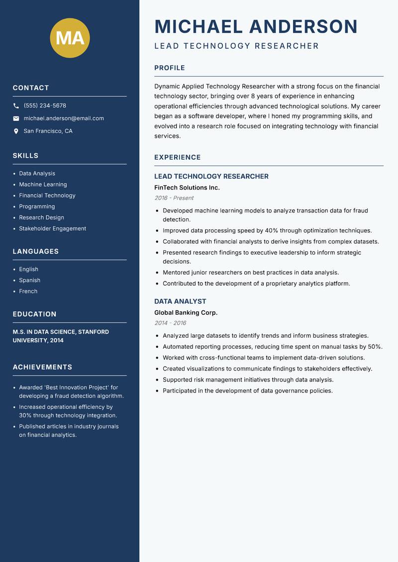 Applied Technology Researcher resume template — Classic Clean