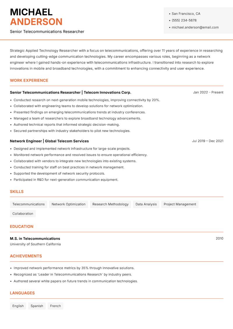 Applied Technology Researcher resume template — Modern Professional