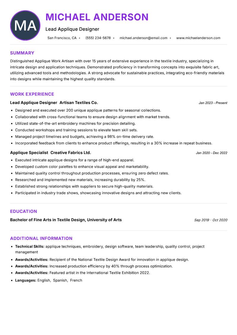 Applique Work Artisan resume example — ATS-friendly template