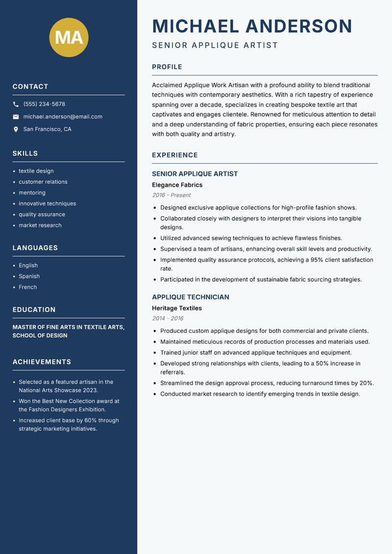 Applique Work Artisan resume template — Classic Clean