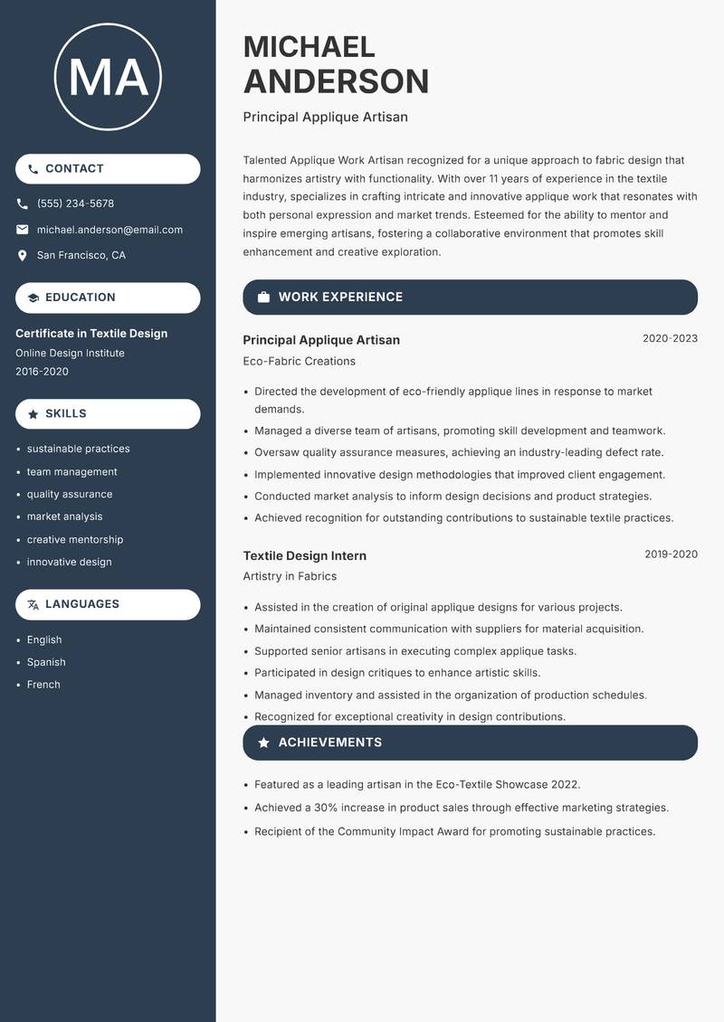 Applique Work Artisan resume template — Compact