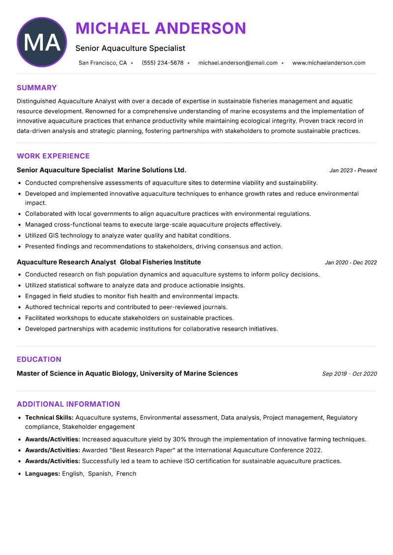 Aquaculture Analyst resume example — ATS-friendly template