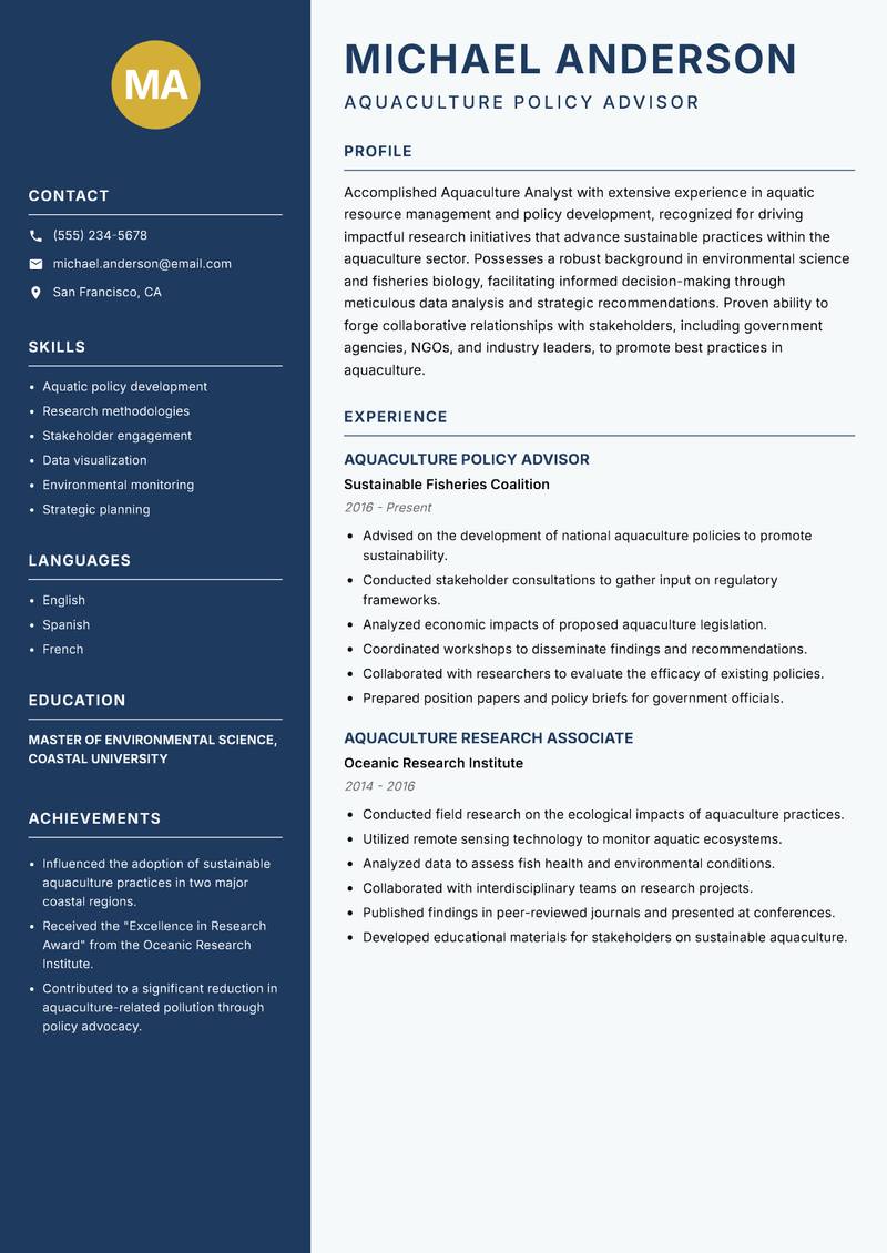 Aquaculture Analyst resume template — Classic Clean