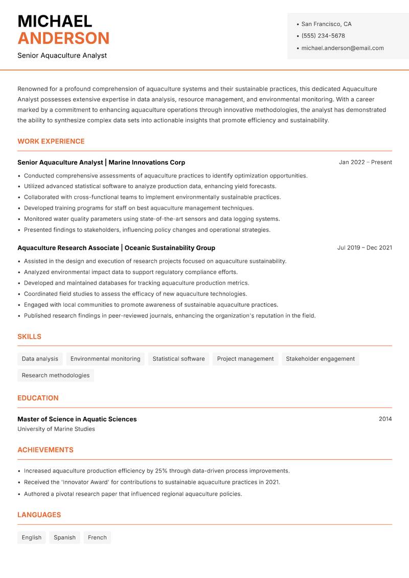 Aquaculture Analyst resume template — Modern Professional