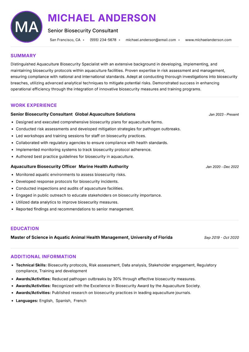 Aquaculture Biosecurity Specialist resume example — ATS-friendly template
