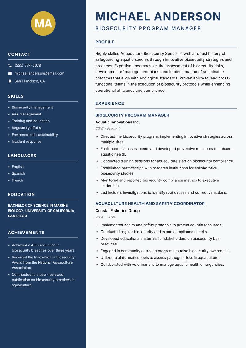 Aquaculture Biosecurity Specialist resume template — Classic Clean