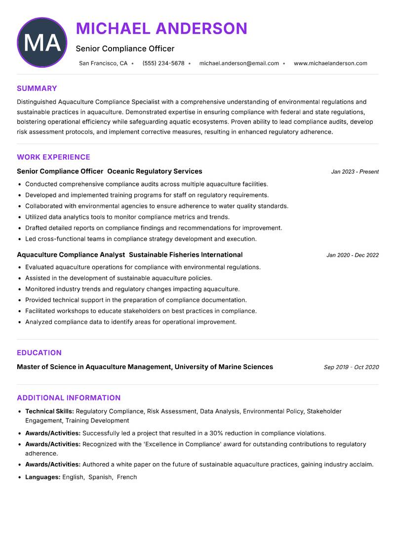 Aquaculture Compliance Specialist resume example — ATS-friendly template