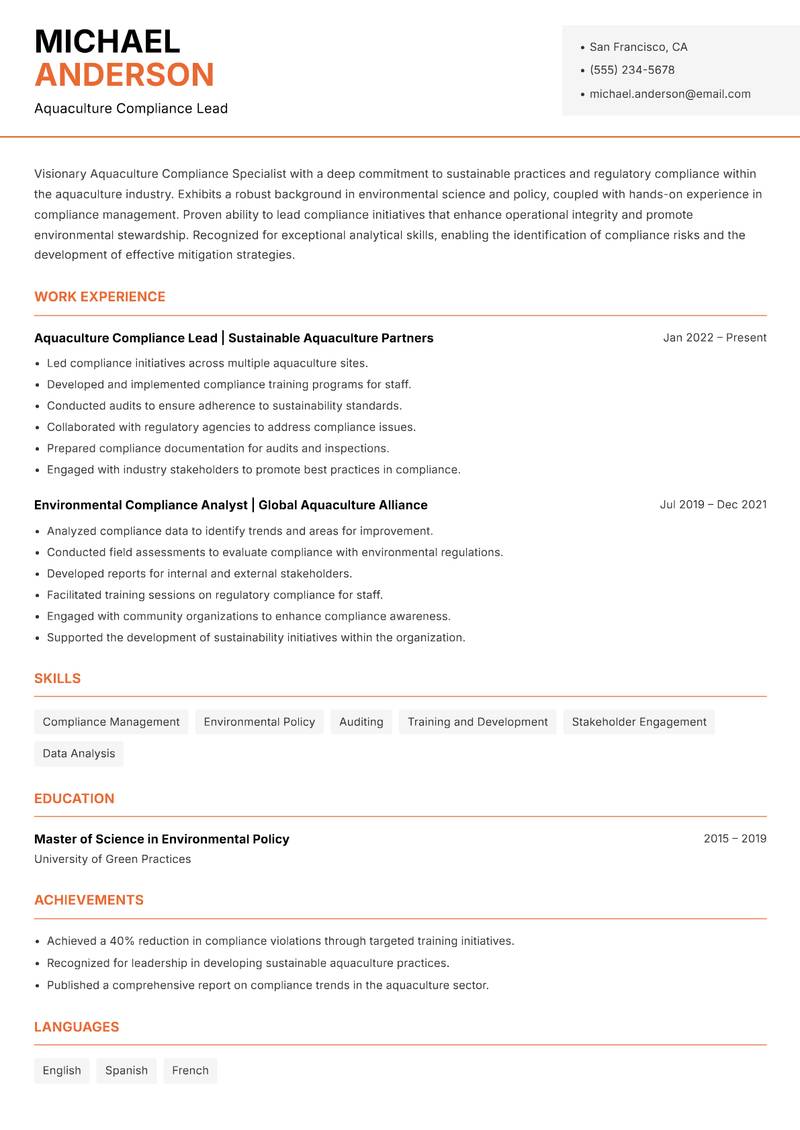 Aquaculture Compliance Specialist resume template — Modern Professional