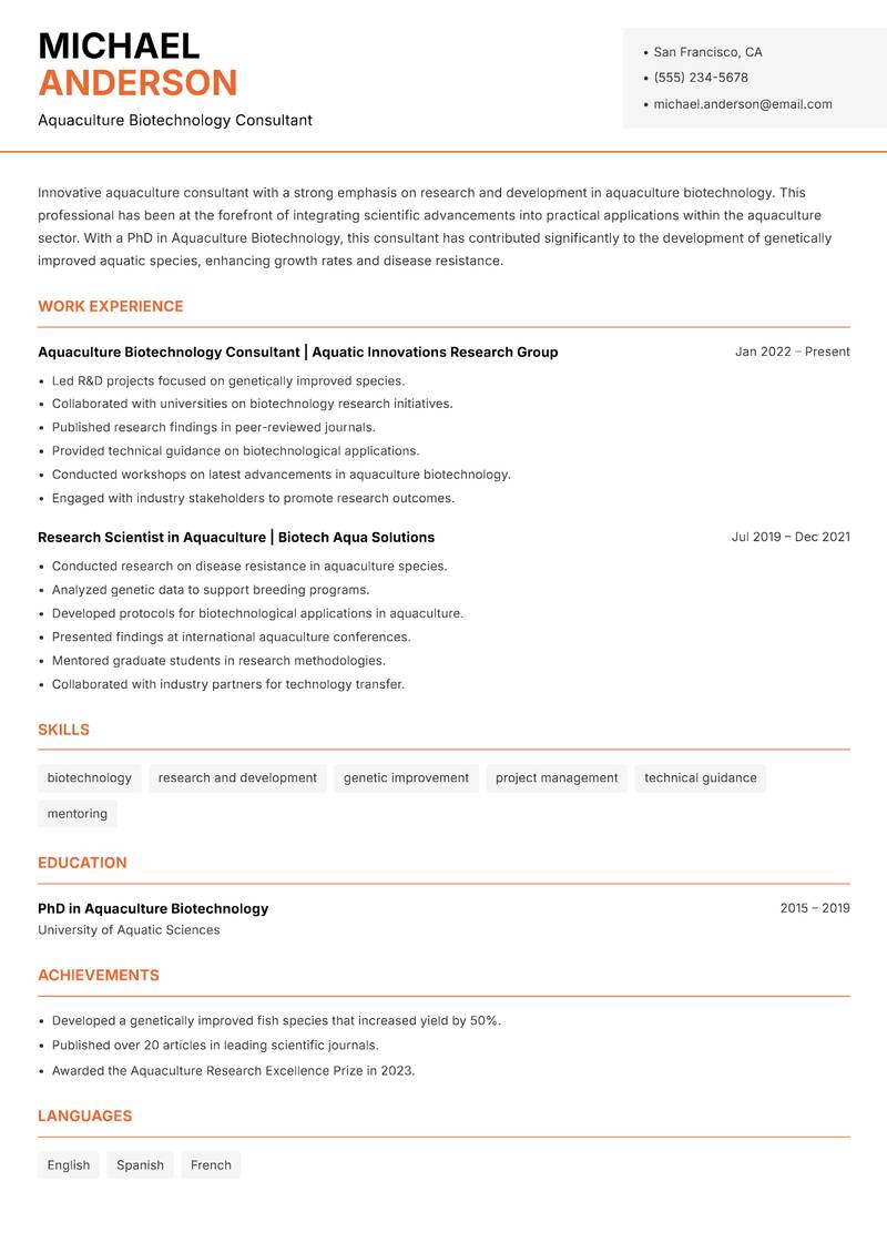 Aquaculture Consultant resume template — Modern Professional