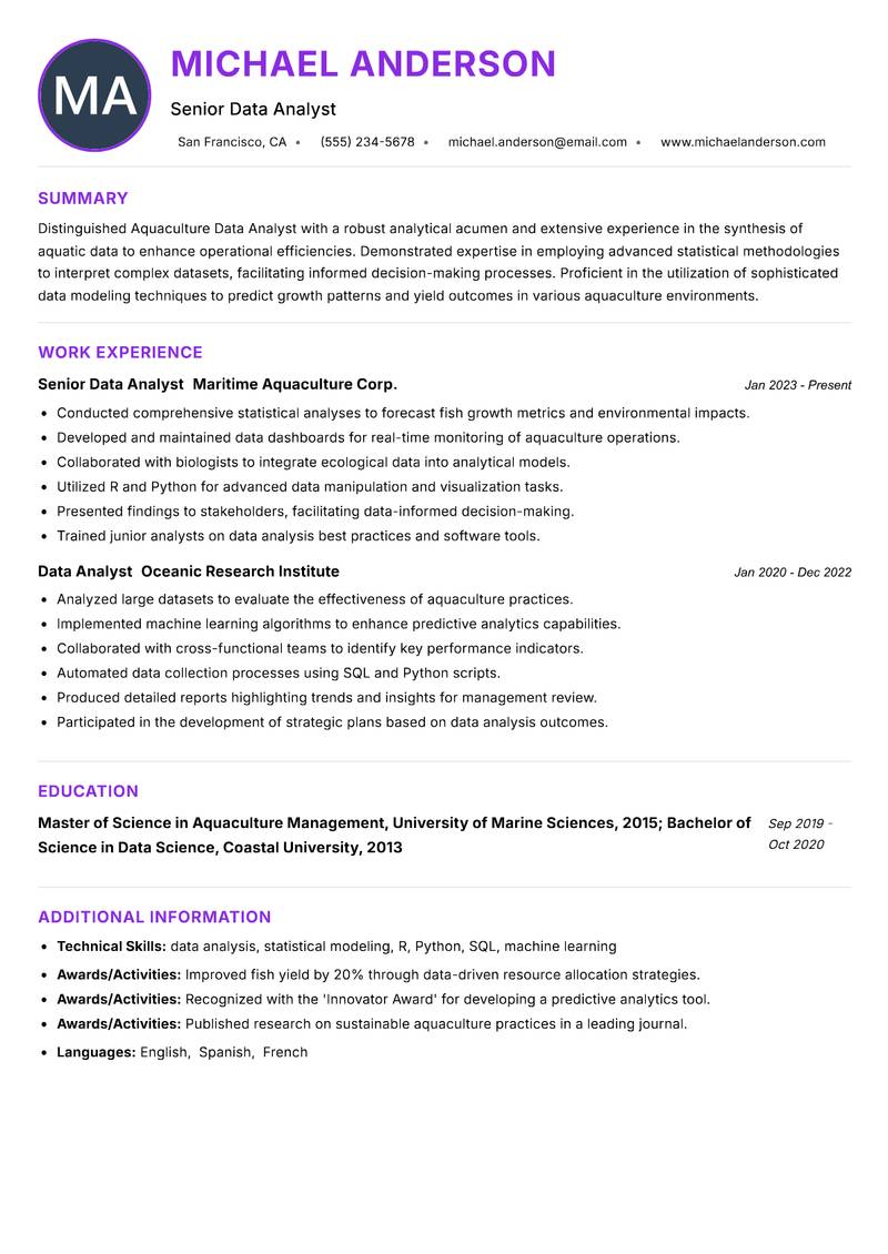 Aquaculture Data Analyst resume example — ATS-friendly template