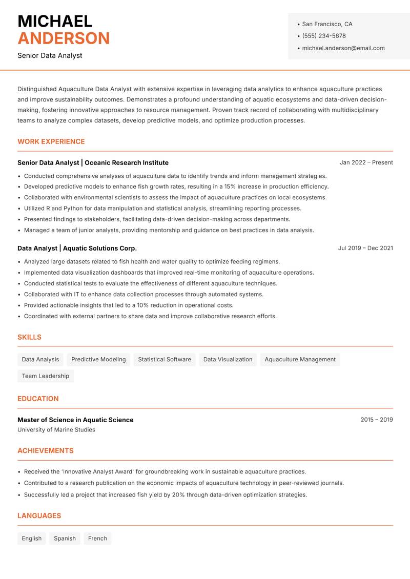 Aquaculture Data Analyst resume template — Modern Professional