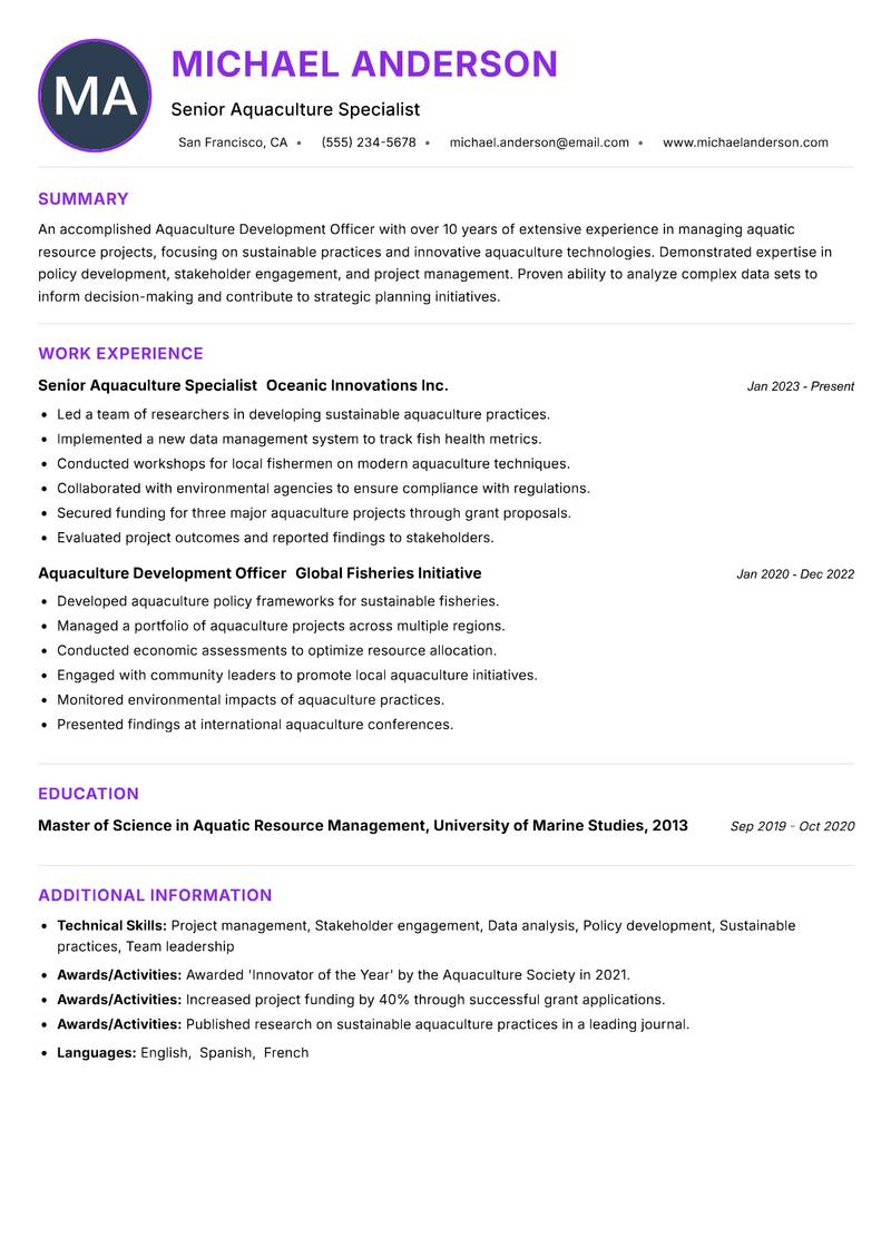Aquaculture Development Officer resume example — ATS-friendly template