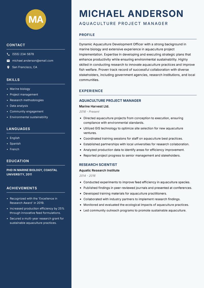 Aquaculture Development Officer resume template — Classic Clean