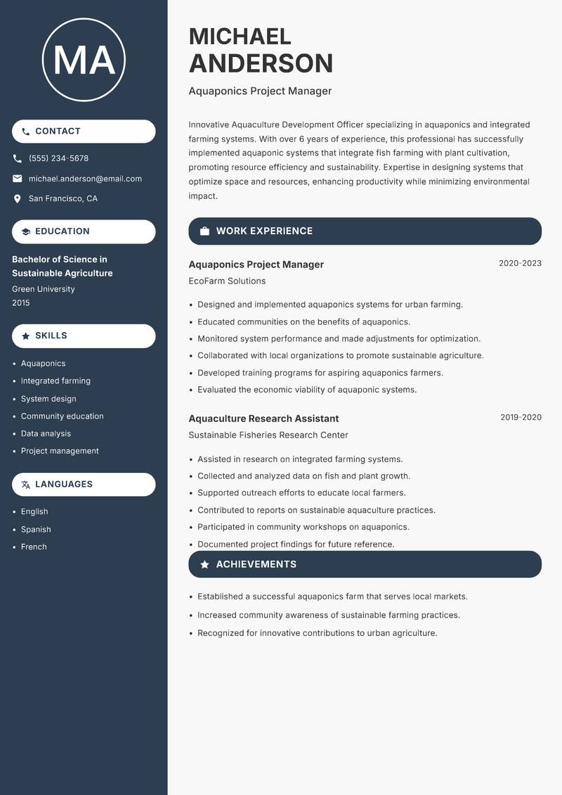 Aquaculture Development Officer resume template — Compact