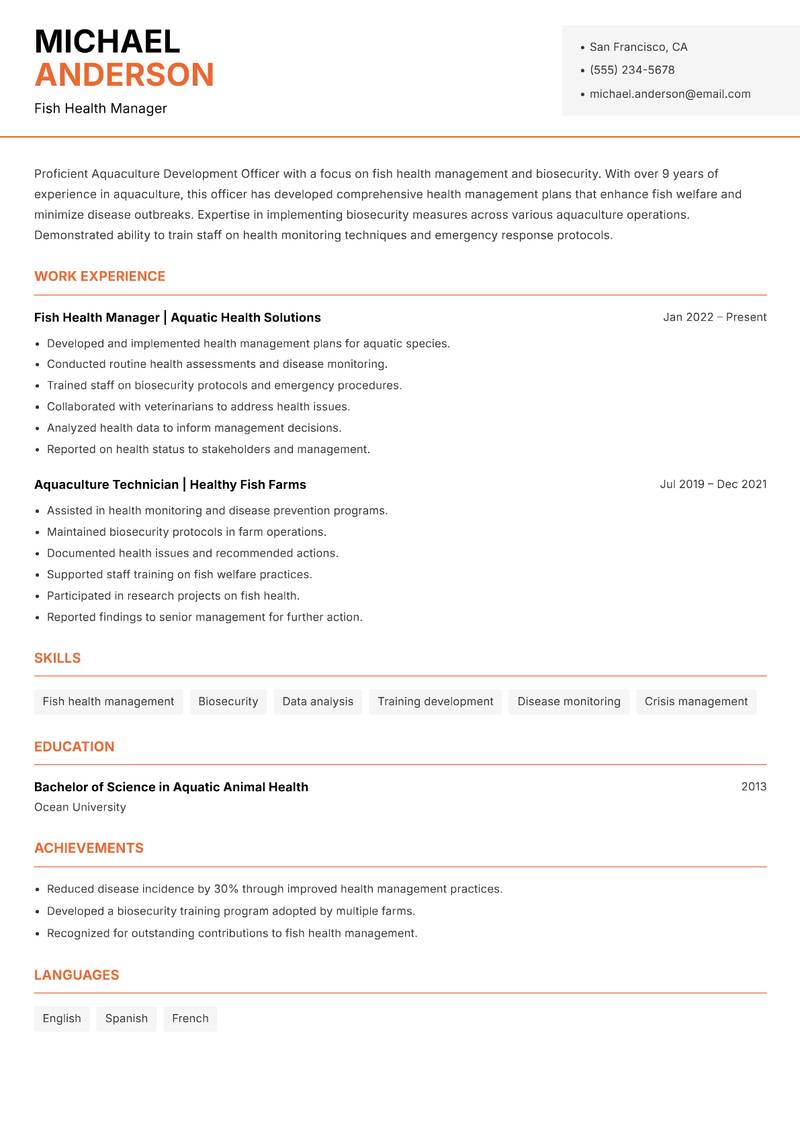 Aquaculture Development Officer resume template — Modern Professional