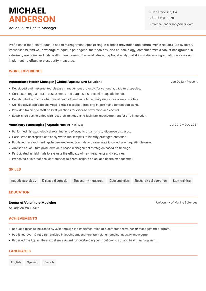 Aquaculture Disease Control Specialist resume template — Modern Professional