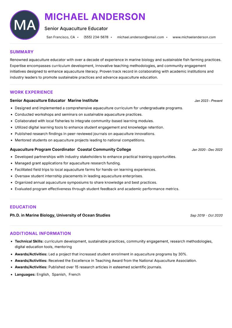 Aquaculture Educator resume example — ATS-friendly template