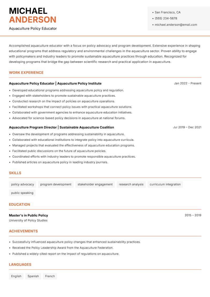 Aquaculture Educator resume template — Modern Professional