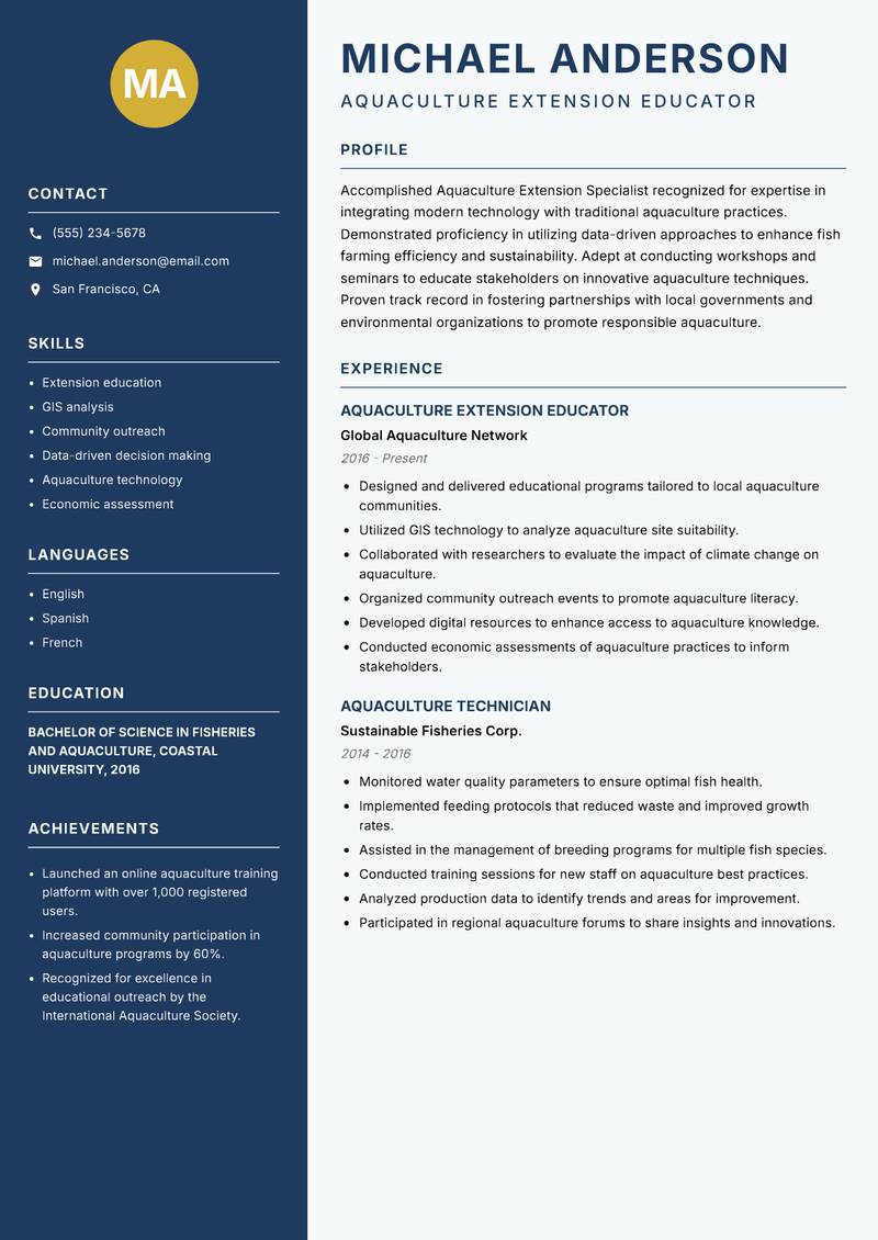 Aquaculture Extension Specialist resume template — Classic Clean