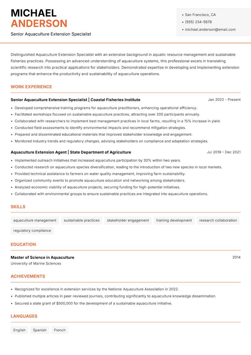 Aquaculture Extension Specialist resume template — Modern Professional
