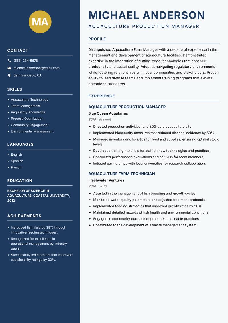 Aquaculture Farm Manager resume template — Classic Clean