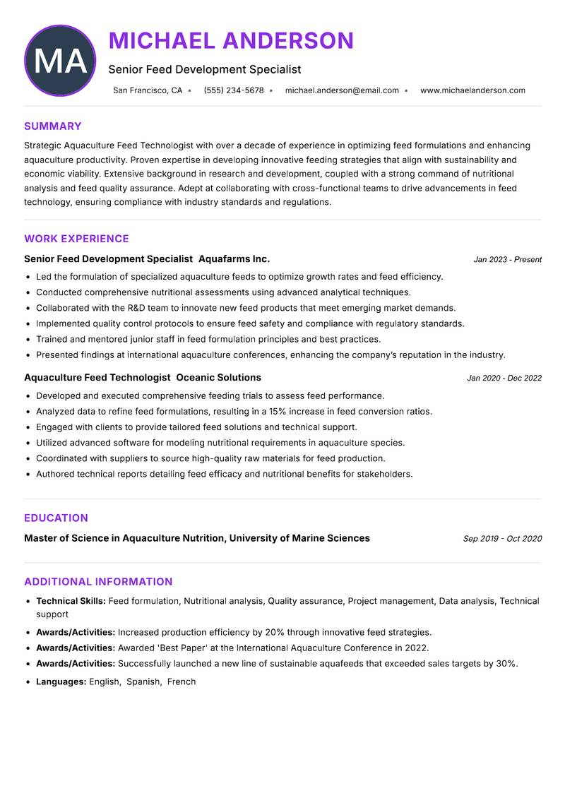 Aquaculture Feed Technologist resume example — ATS-friendly template