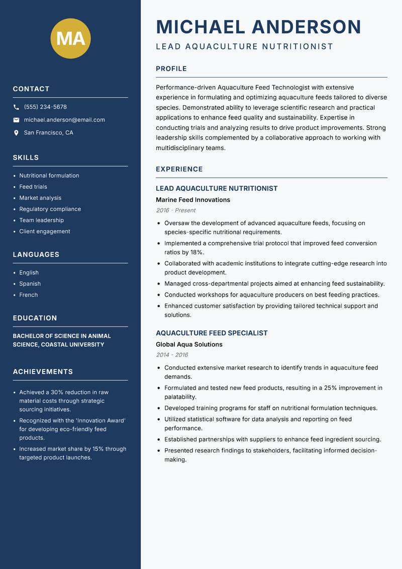 Aquaculture Feed Technologist resume template — Classic Clean