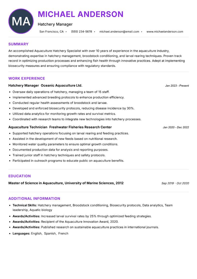 Aquaculture Hatchery Specialist resume example — ATS-friendly template