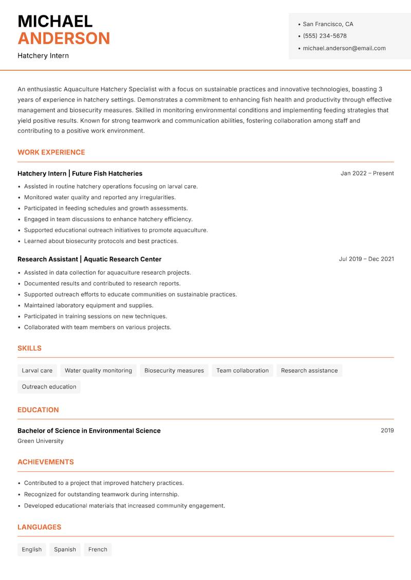 Aquaculture Hatchery Specialist resume template — Modern Professional