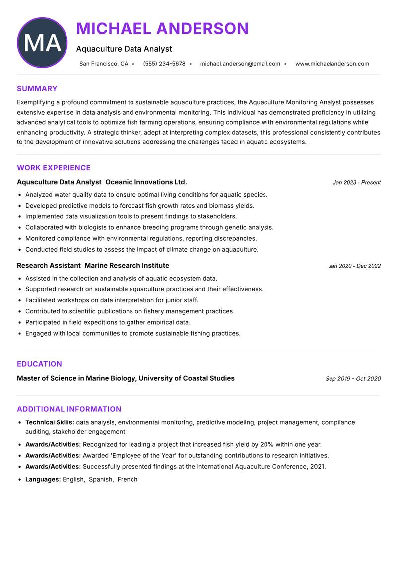 Aquaculture Monitoring Analyst resume example — ATS-friendly template