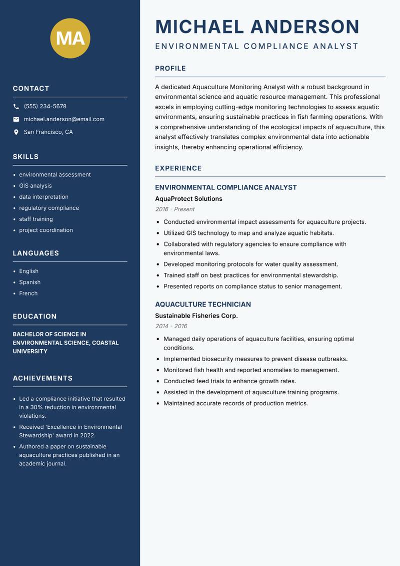 Aquaculture Monitoring Analyst resume template — Classic Clean