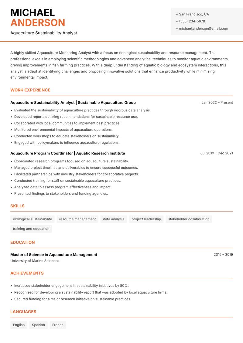 Aquaculture Monitoring Analyst resume template — Modern Professional
