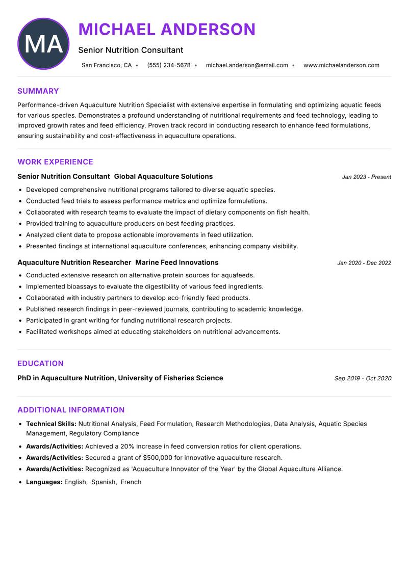 Aquaculture Nutrition Specialist resume example — ATS-friendly template