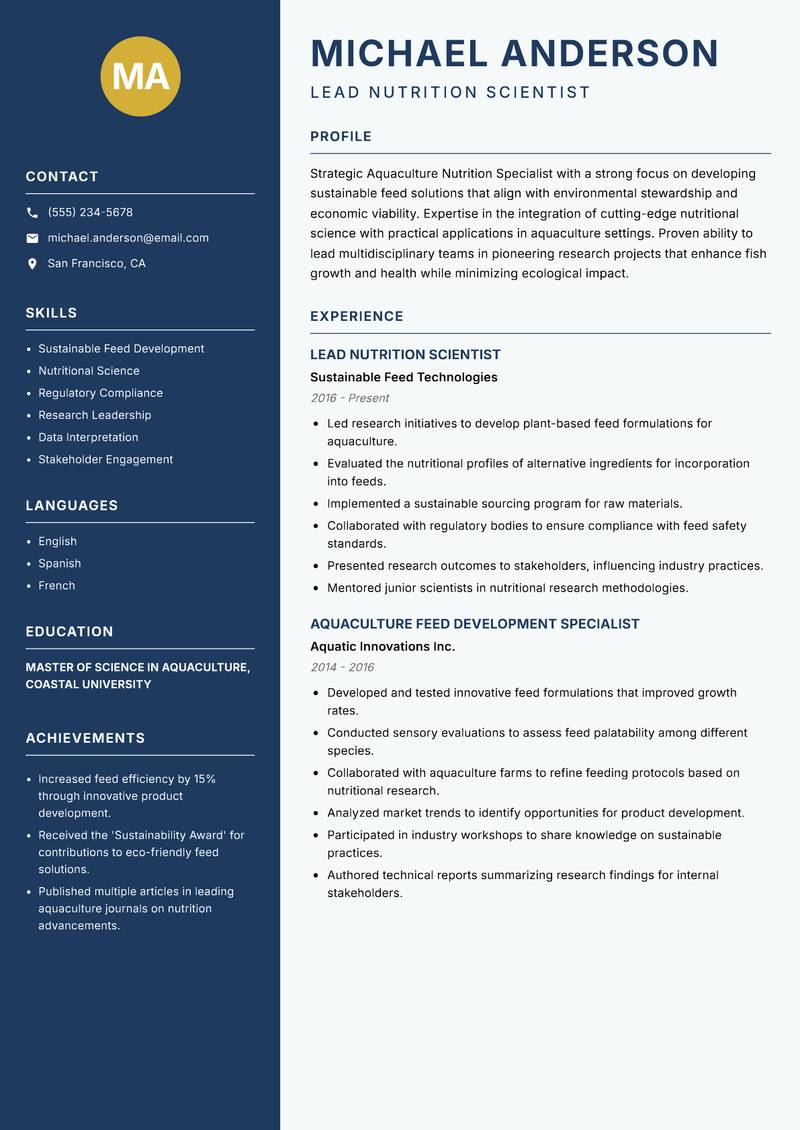 Aquaculture Nutrition Specialist resume template — Classic Clean