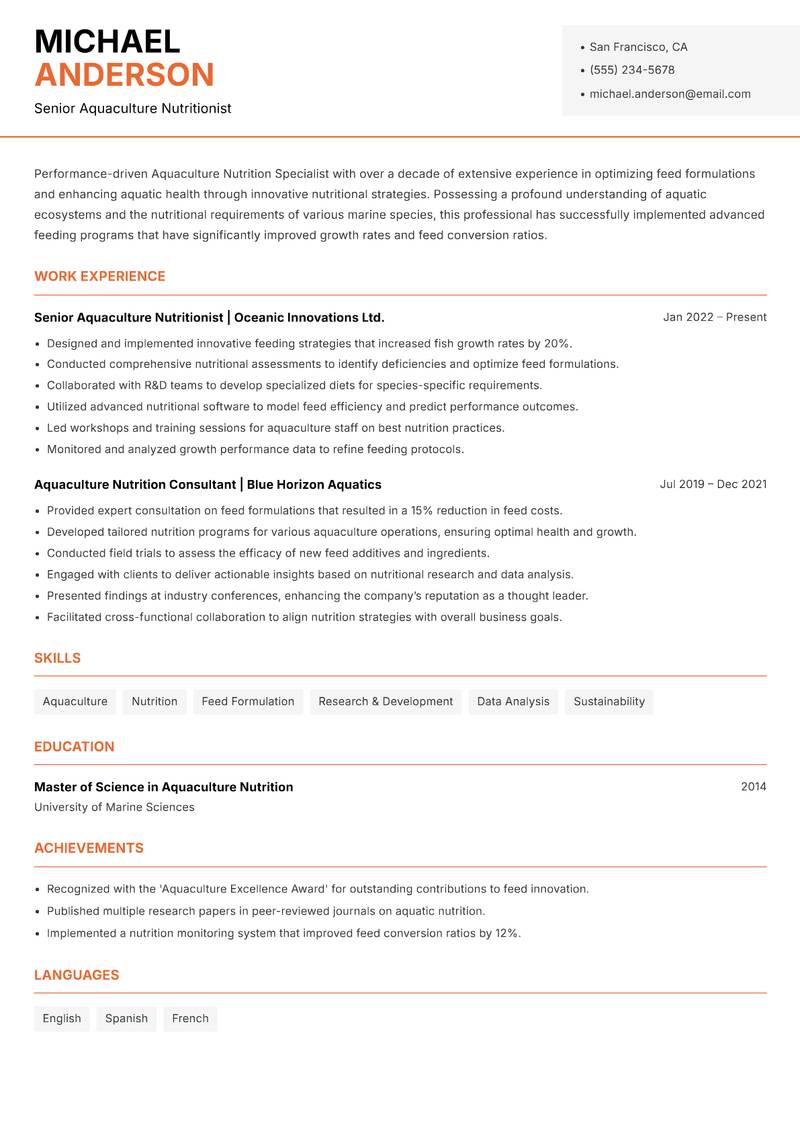 Aquaculture Nutrition Specialist resume template — Modern Professional