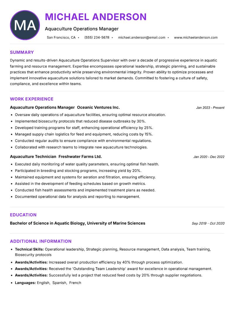 Aquaculture Operations Supervisor resume example — ATS-friendly template