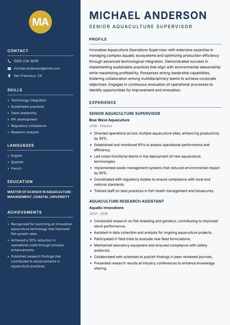 Aquaculture Operations Supervisor resume template — Classic Clean