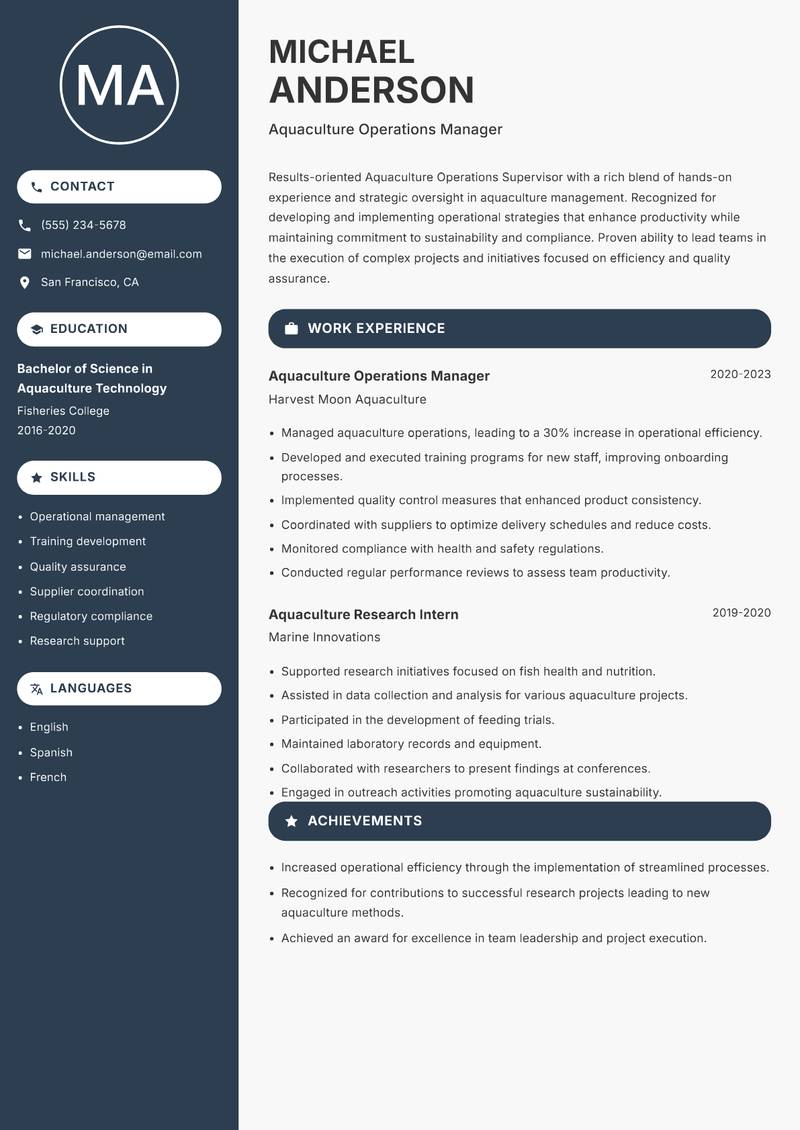 Aquaculture Operations Supervisor resume template — Compact