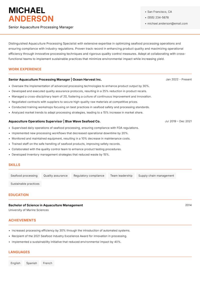 Aquaculture Processing Specialist resume template — Modern Professional