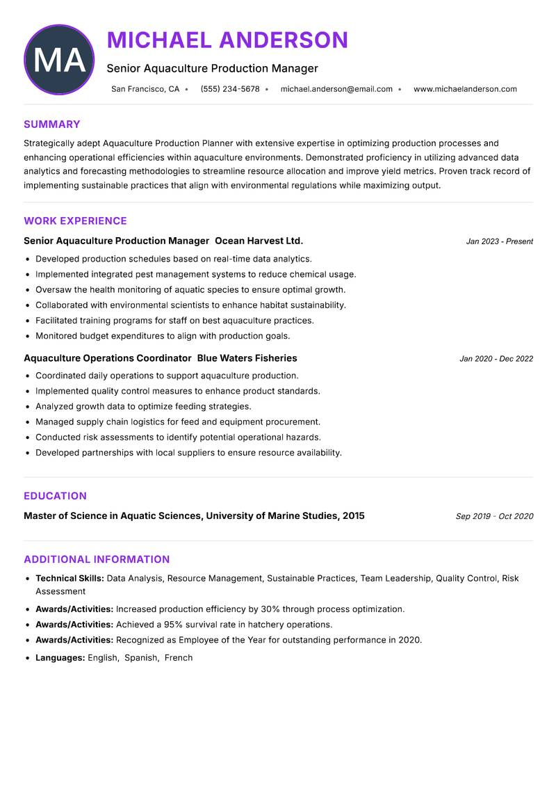 Aquaculture Production Planner resume example — ATS-friendly template