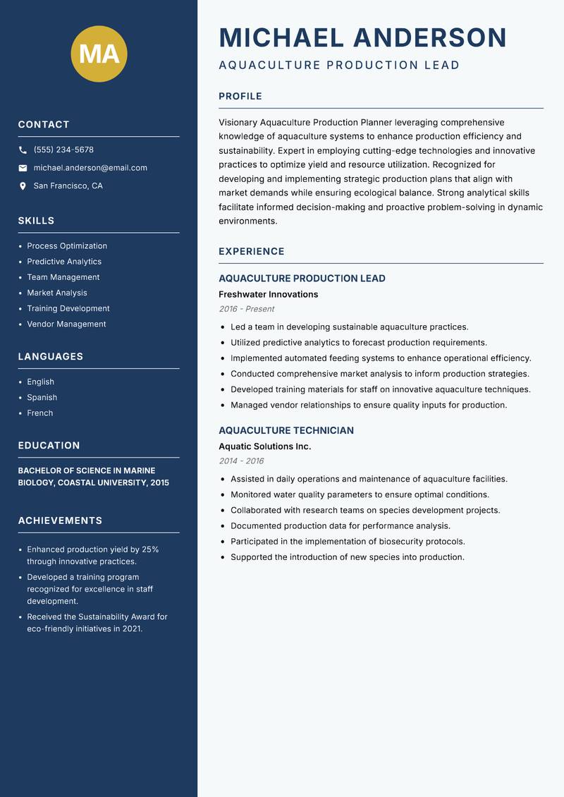Aquaculture Production Planner resume template — Classic Clean
