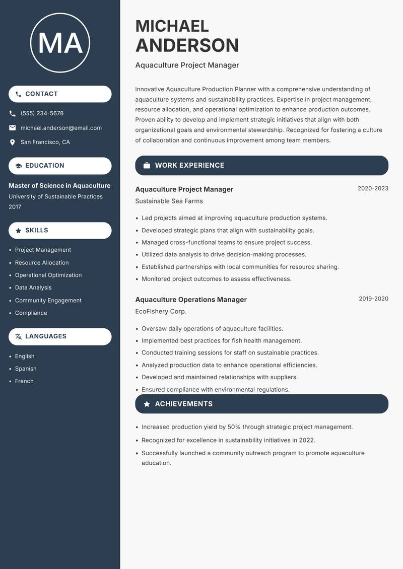 Aquaculture Production Planner resume template — Compact