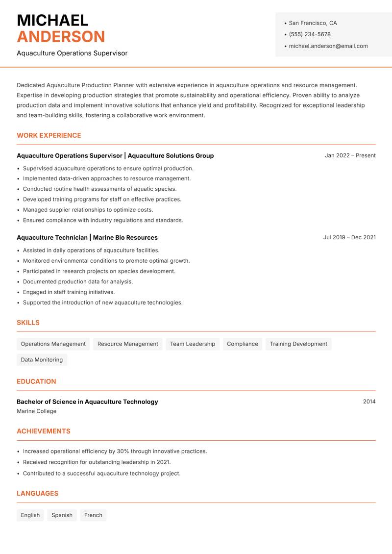 Aquaculture Production Planner resume template — Modern Professional