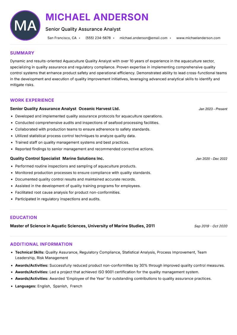 Aquaculture Quality Analyst resume example — ATS-friendly template