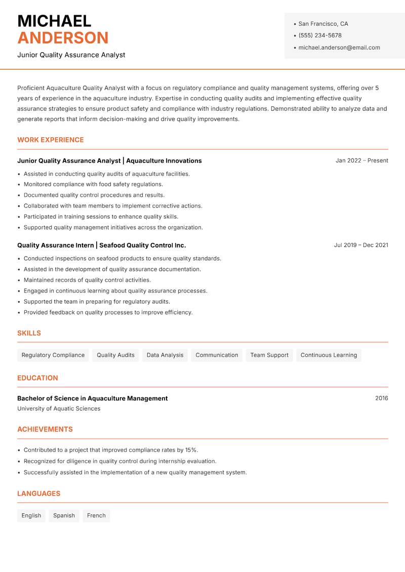 Aquaculture Quality Analyst resume template — Modern Professional